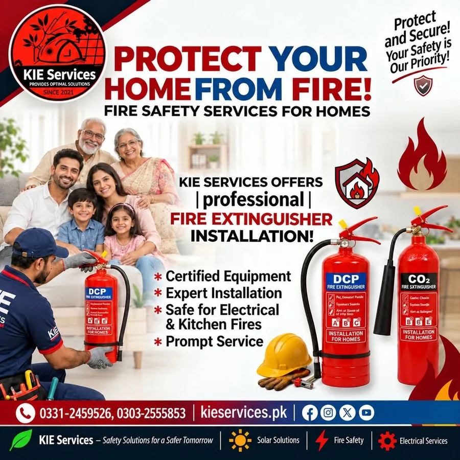 KIE Services fire extinguisher installation for homes: DCP and CO2 extinguishers, certified equipment and expert installation